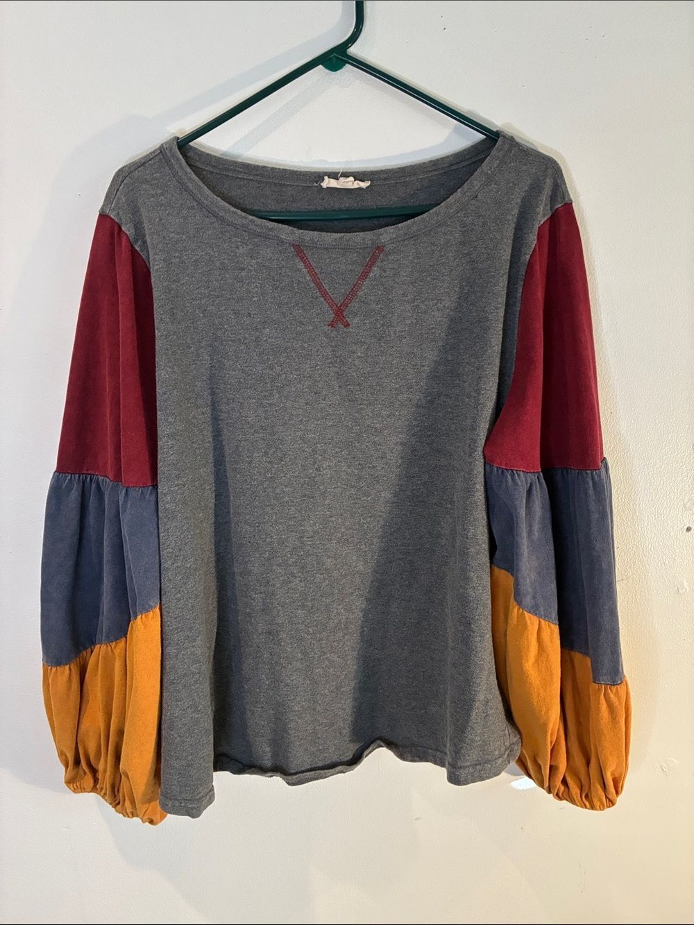 Oddy gray & multi color block pullover top blouse boxy fit balloon sleeves L